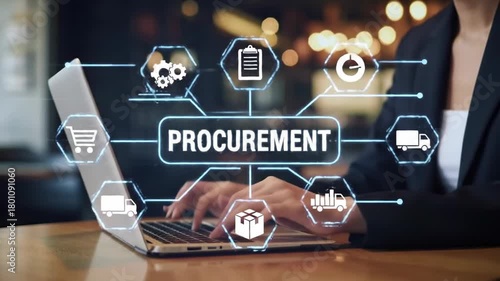 A woman is typing on a laptop with a procurement illustration overlay with geometric icons in bokeh background symbolizing business, commerce, and strategic planning.