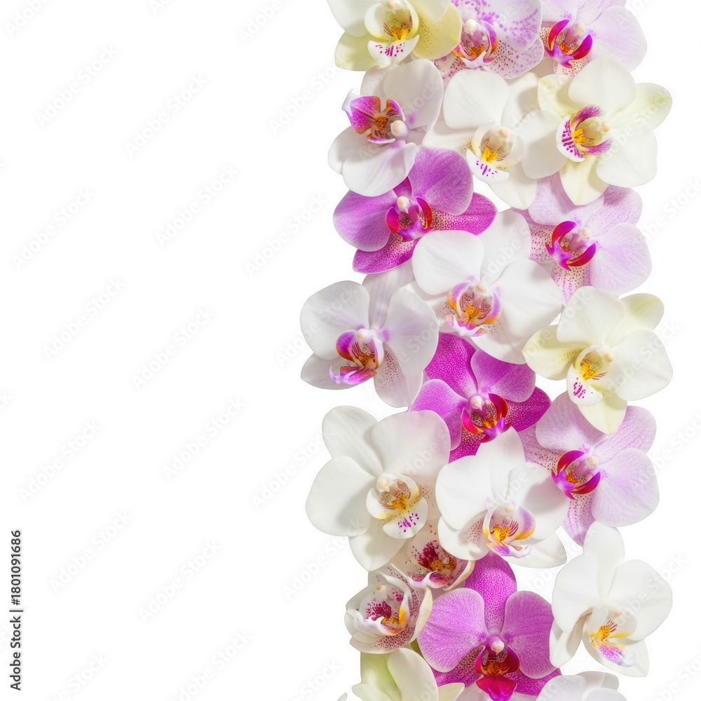 Fototapeta premium Vertical border of colorful orchids isolated on transparent background