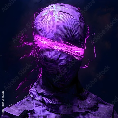 A dark, surreal digital artwork depicting a humanoid figure wrapped entirely in newspaper-like strips, with a glowing band of vibrant purple energy streaking across where the eyes would be. The contra