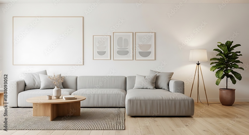 Obraz premium Modern Living Room Interior Design Minimalist Home Decor Contemporary Furniture Bright Room Scandi Style Sofa Artwork Houseplant Cozy Apartment Interior Design