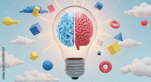 Conceptual 3D render of a lightbulb with a hybrid AI brain, half circuit and half organic, floating in a pastel sky. Creative intelligence metaphor.