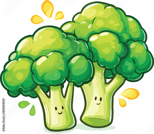 Cute cartoon broccoli with smiling faces and vibrant colors