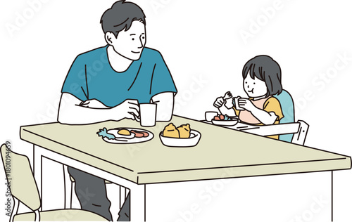 ダイニングテーブルで食事をする父親と娘のイラスト素材