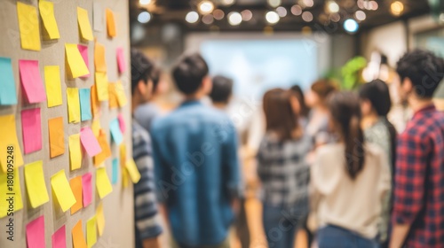 Crowd of people at office event with sticky notes wall.