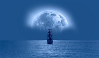 Plexiglas schilderij Schip Zeilschip onder maanlicht op zee  © muratart