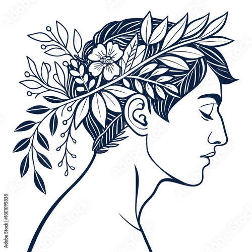 Man with flower and leaves on head isolated on