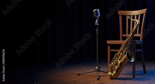 Jazz music concept with a saxophone and retro microphone on an empty stage. Live performance background with copy space
