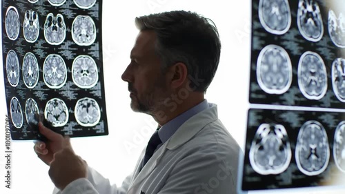 A doctor intently analyzes brain scan results in a brightly lit office. The medical professional is reviewing detailed imaging for diagnosis and treatment planning with neuroimaging analysis.