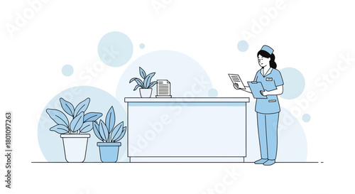Receptionist In Medical Clinic Examining Documents Near Plants And Desk Area Setting