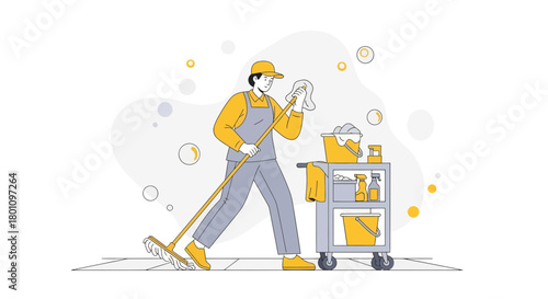 Professional Janitor Working, Cleaning the Floor, Maintaining a Pristine Environment