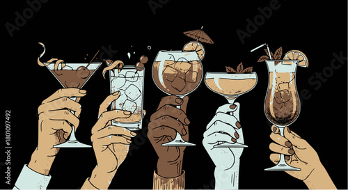 Diverse hands raising a variety of garnished cocktails, including martinis, highballs, and tropical drinks, in a stylized vector illustration with high contrast and a dark background for a party or ba