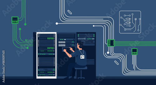 Technician Working On Server In Futuristic Network Data Center Design