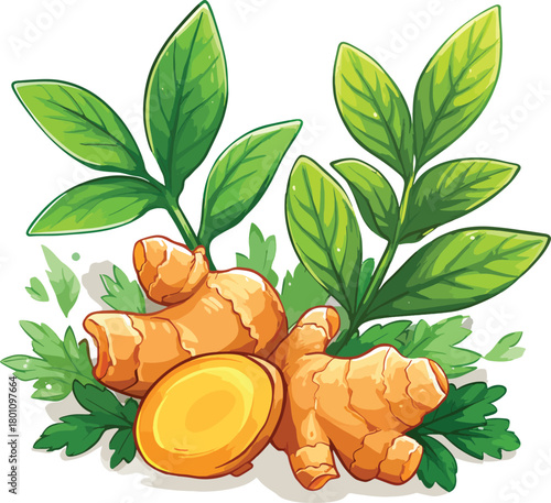 Fresh turmeric root and green leaves illustration on white background