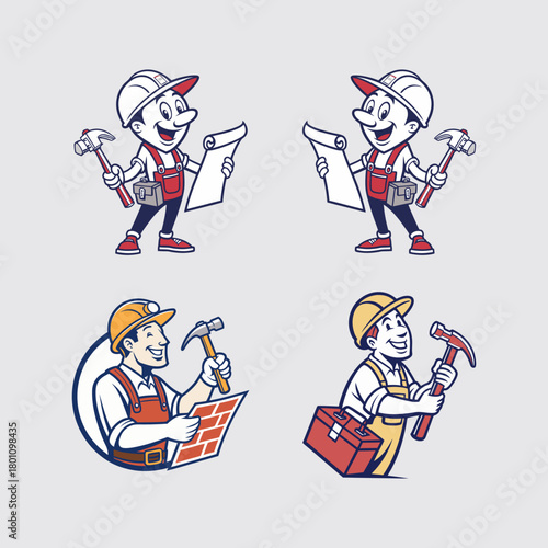 Cartoon Construction Worker and Handyman Mascot Set