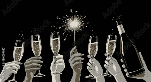 Elegant vector illustration of multiple hands raising champagne flutes and a sparkling lit sparkler against a deep black background, celebrating a new year or special event.
