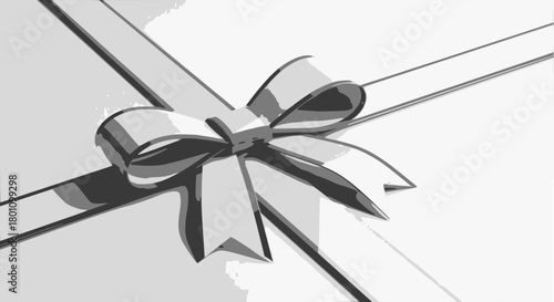 Elegant vector illustration of a detailed, three-dimensional silver or white gift bow tied around a present with overlapping glossy ribbons on a minimal white background.