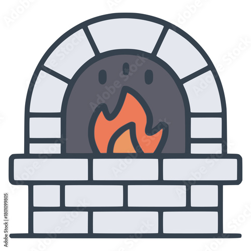 Traditional brick oven with fire baking tool icon flat color vector illustration template design