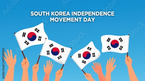 South korea independence movement day celebration with waving flags and raised hands