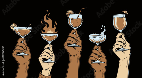 Diverse hands raised in a toast, holding five different stylized cocktail glasses, including a flaming drink and a splashing martini, against a stark black background.