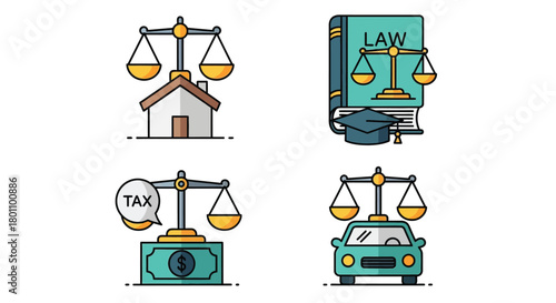 Vector illustration of set of legal icons representing justice, law, tax, and property