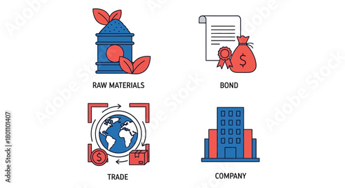 Vector illustration of business concepts icons raw materials, bond, trade, company