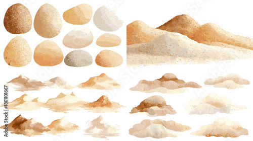 Watercolor beach sand textures with mounds, piles, and grains in neutral beige and tan. Hand painted elements isolated on white for backgrounds, landscapes, and coastal design.
