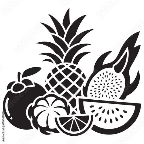 Stylized Tropical Fruits Black and White Vector Illustration Flat Design Group