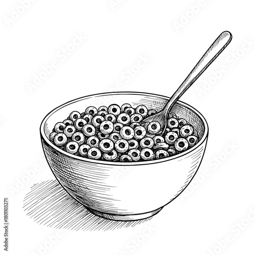 Bowl of cereal with rings and spoon in detailed sketch style  
