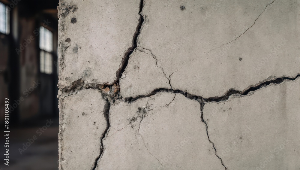 Obraz premium A weathered, cracked concrete pillar in an aged interior with glimpses of windows and decay