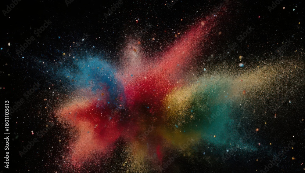 Obraz premium A vibrant explosion of multicolored powder bursts against a stark black background, creating dynamic shapes