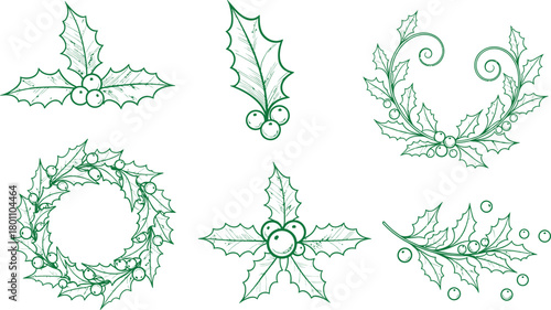 Set of holly sprig sketched out for festive design element. Decoration element for holiday design. Decoration for winter. Green sketch isolated.