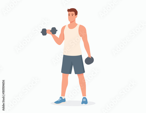 A man exercises, lifting dumbbells, demonstrating strength and fitness.
