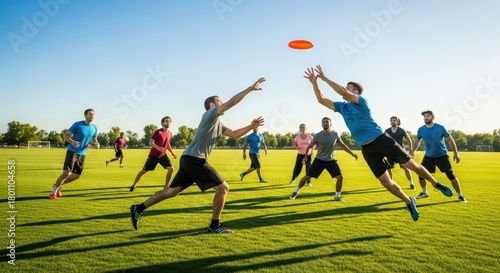 Group of young males playing ultimate frisbee on a sunny day outdoors