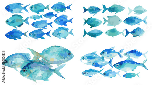 Watercolor fish schools in layered blue tones. Hand painted reef species with fins and scales, isolated on white for coastal patterns, posters, nursery art, and ocean projects.
