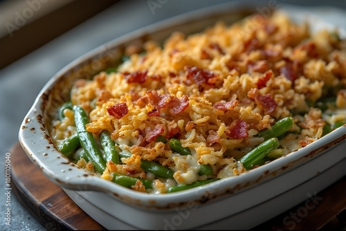 green bean casserole topped with french fried onions and bacon bits