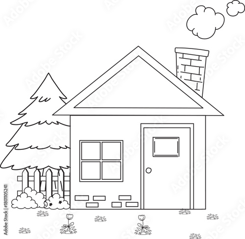 Simple House Outline with Tree and Fence Line Art Vector