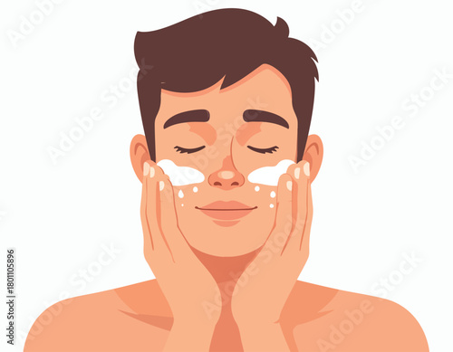 Man with eyes closed applying facial cleanser or cream to his face with both hands.