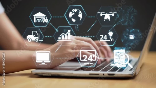 Close-up of a woman's hands typing on a laptop, surrounded by digital logistics icons on a gray backdrop. Focus on technology, global connectivity and business operations.