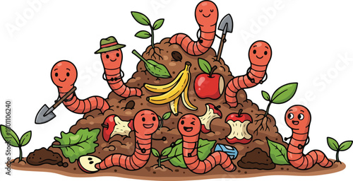 Cartoon earthworms in a compost pile with fruits and vegetables