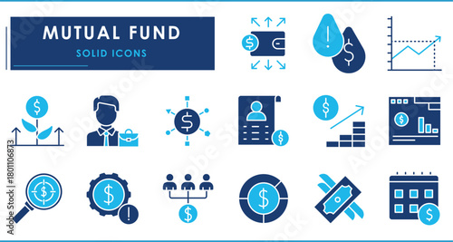 A set of flat icons related to Mutual Fund. Invest, growth, liquidity, manager, return, growth fund, portfolio, SIP, NAV, and so on.