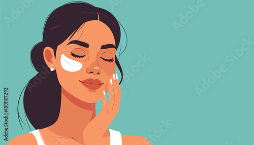 A woman with dark hair applying skincare treatment under her eyes, relaxed.