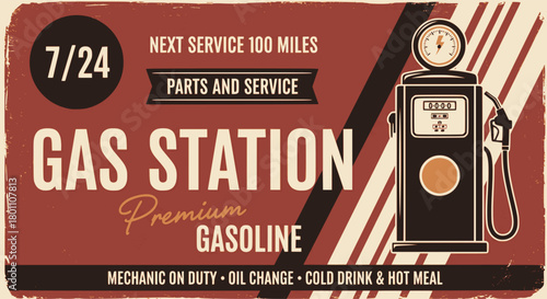 Retro poster design template for gas station. Retro poster design for gas pump. Gas station, motor oil and gasoline, EPS version.