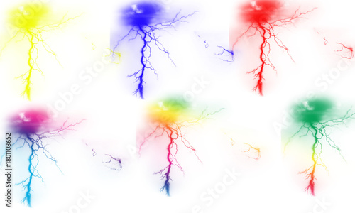 Set of colorful lightning bolts abstract vector illustration of electric discharge isolated on white background