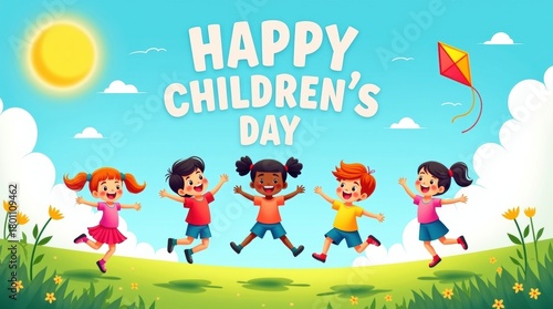 Happy childrens day celebration with diverse kids jumping joyfully outdoors