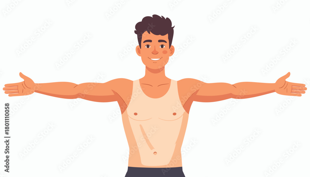 Fototapeta premium Smiling young man with arms outstretched, standing against a white background.