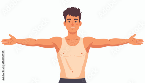 Smiling young man with arms outstretched, standing against a white background.