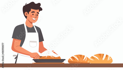 A baker wearing an apron prepares bread on a tray, with two loaves of bread beside him.