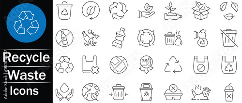 Waste and Recycling line icon set. Related to plastic waste bans icon set. Eco, plastic, save, reuse, pollution, dump and more icons. Linear icon collection. Vector illustration.