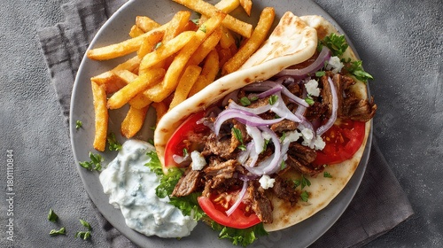 Top-down view of an Authentic Greek Gyro Wrap on a clean plate, pita filled with seasoned ground beef and lamb