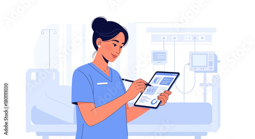 Hospital Nurse Uses a Tablet to Review Patient Charts for Medical Professional Support